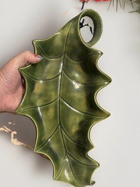 Vintage Hand Made Olive Green Ceramic Leaf Tray - Unbranded